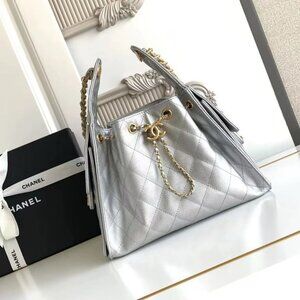 CHANEL Chanel Double C Logo Hobo Bag Handbag Shoulder Bag Silver